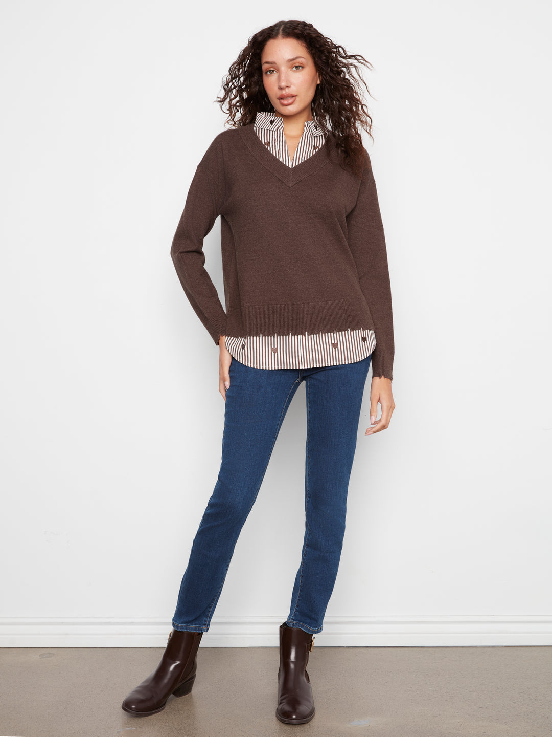 Long Sleeve V-Neck Fooler Sweater w/ Embroidered Striped Poplin Collar and Bottom Hem Pc