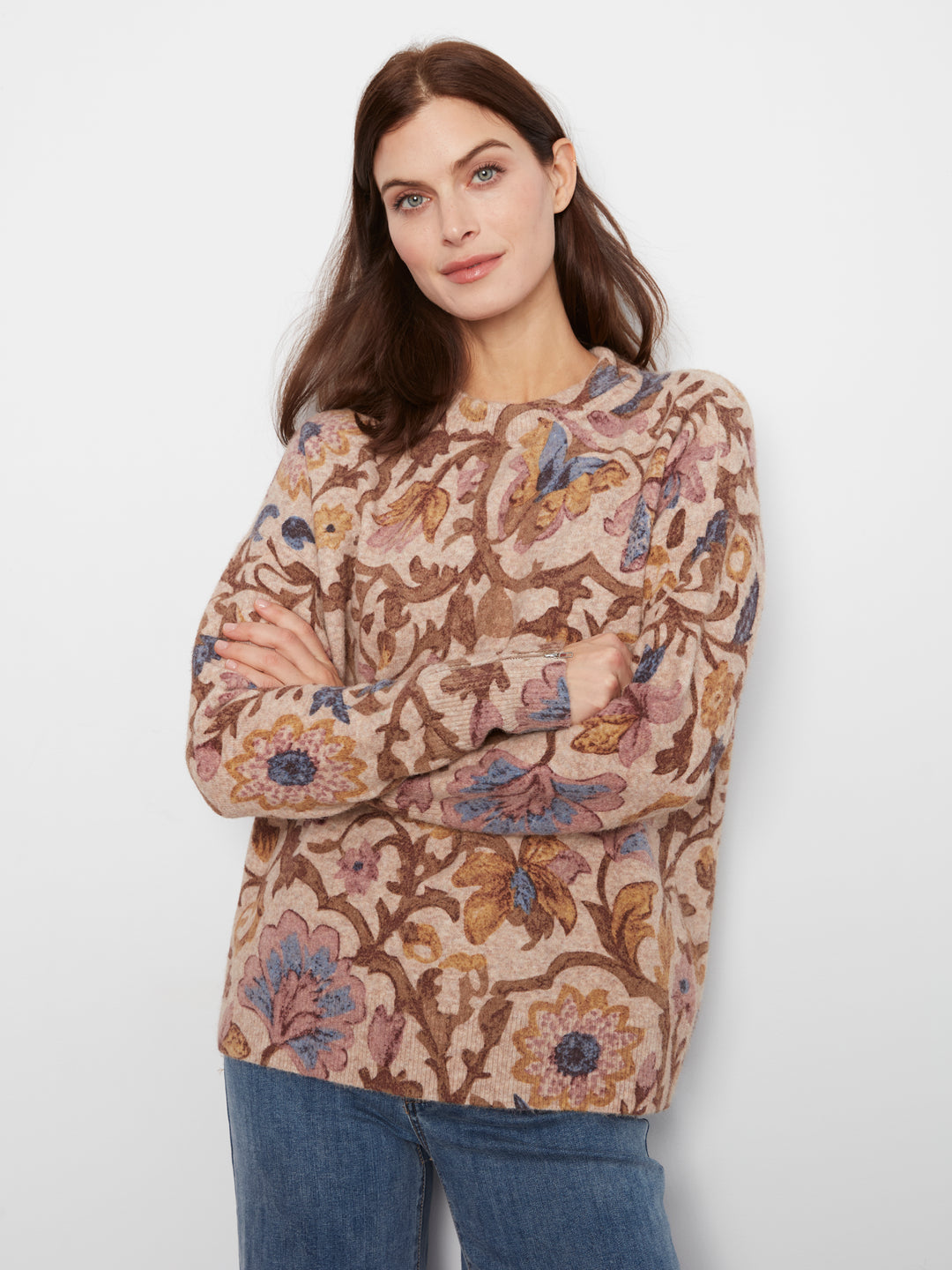 Long Sleeve Drop Shoulder Crew Neck Printed Sweater With Zipper Detail At Sleeve Cuffs