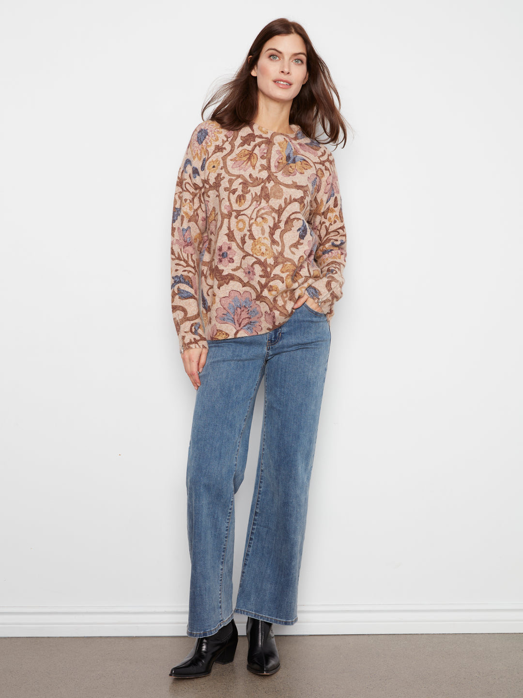 Long Sleeve Drop Shoulder Crew Neck Printed Sweater With Zipper Detail At Sleeve Cuffs