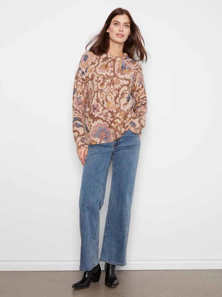 Long Sleeve Drop Shoulder Crew Neck Printed Sweater With Zipper Detail At Sleeve Cuffs