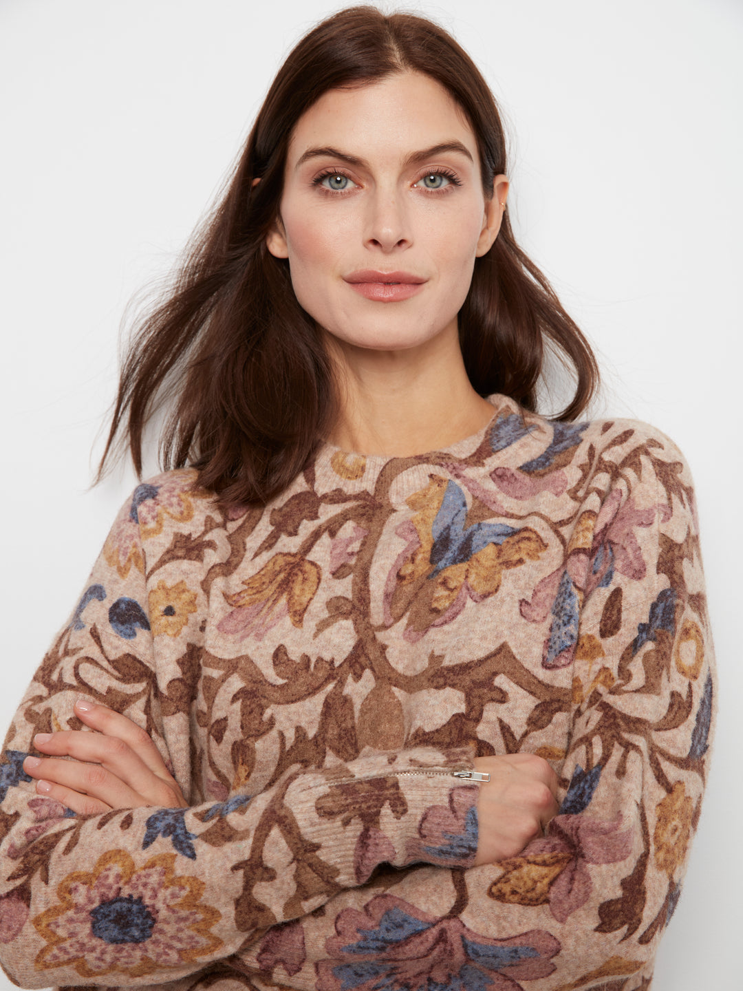 Long Sleeve Drop Shoulder Crew Neck Printed Sweater With Zipper Detail At Sleeve Cuffs
