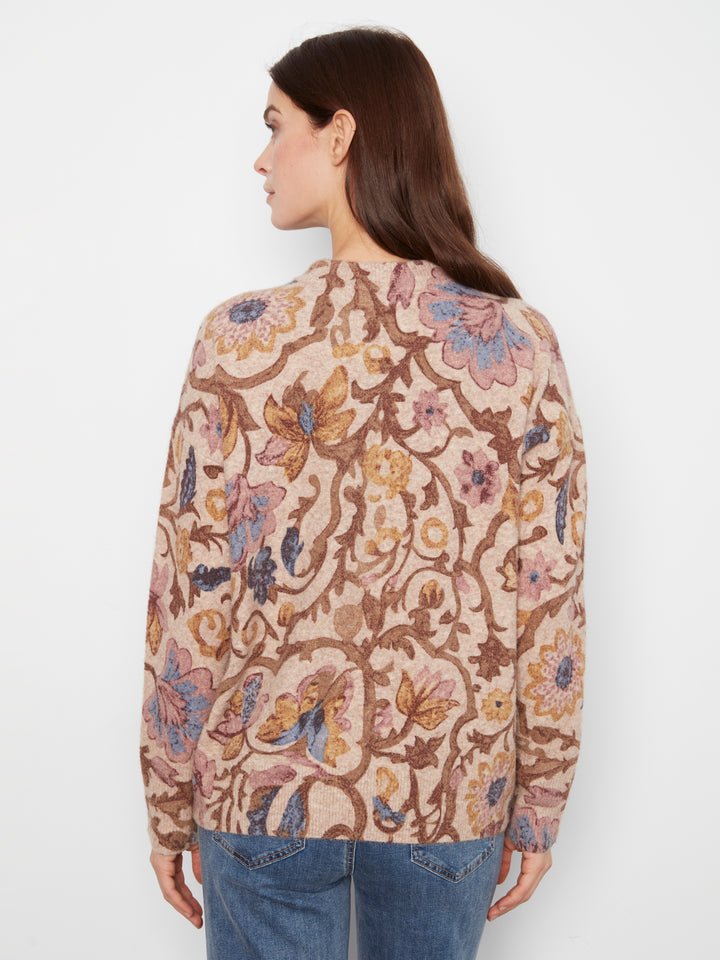 Long Sleeve Drop Shoulder Crew Neck Printed Sweater With Zipper Detail At Sleeve Cuffs