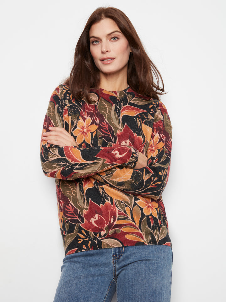 Long Sleeve Drop Shoulder Crew Neck Printed Sweater With Zipper Detail At Sleeve Cuffs
