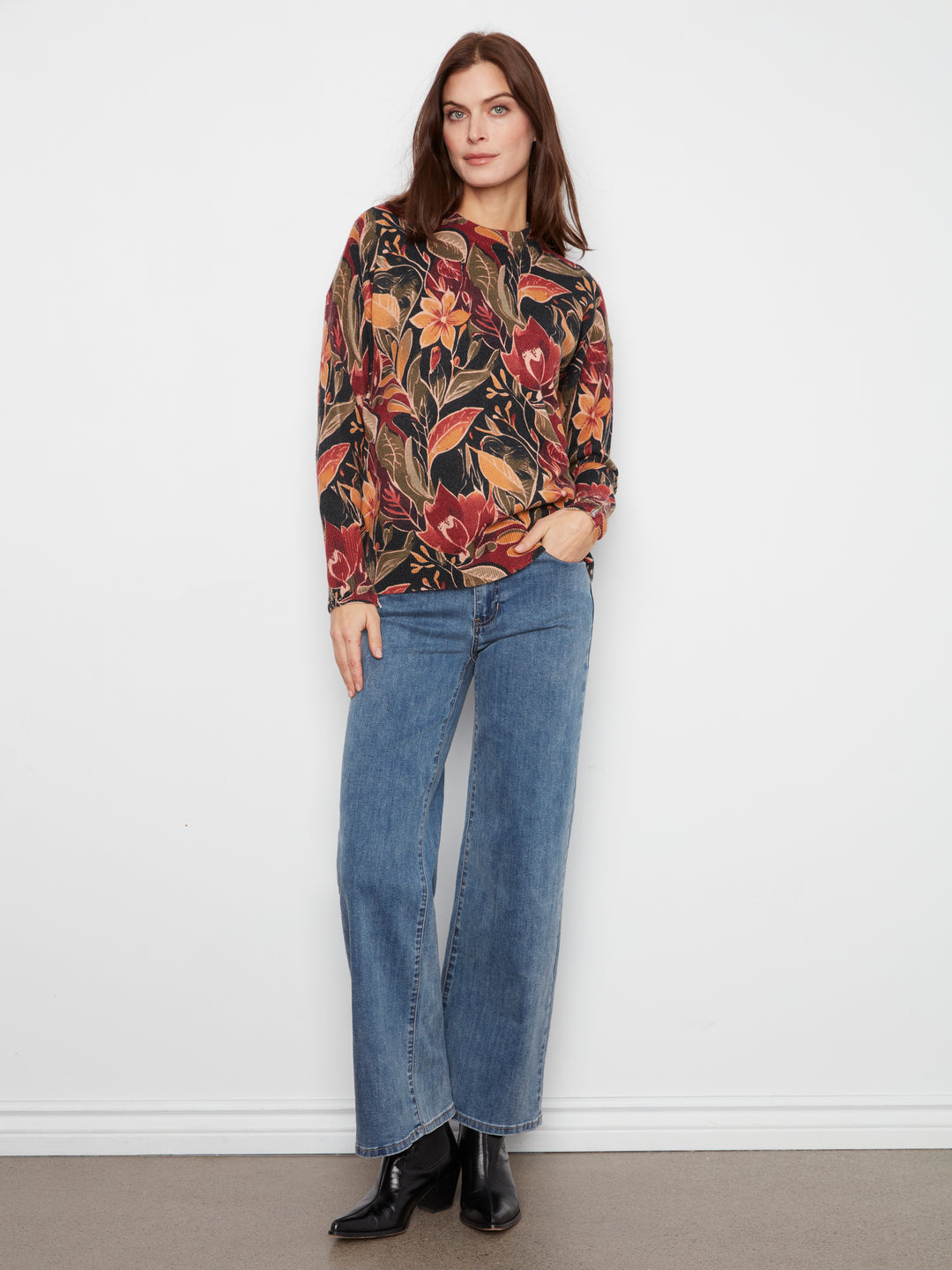 Long Sleeve Drop Shoulder Crew Neck Printed Sweater With Zipper Detail At Sleeve Cuffs