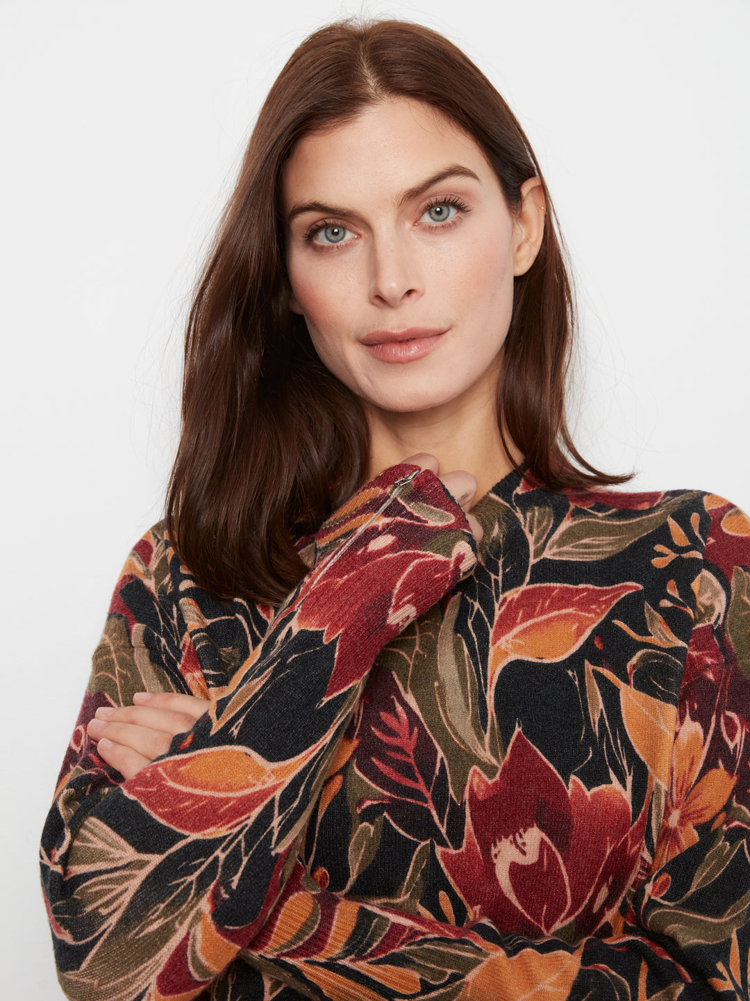 Long Sleeve Drop Shoulder Crew Neck Printed Sweater With Zipper Detail At Sleeve Cuffs