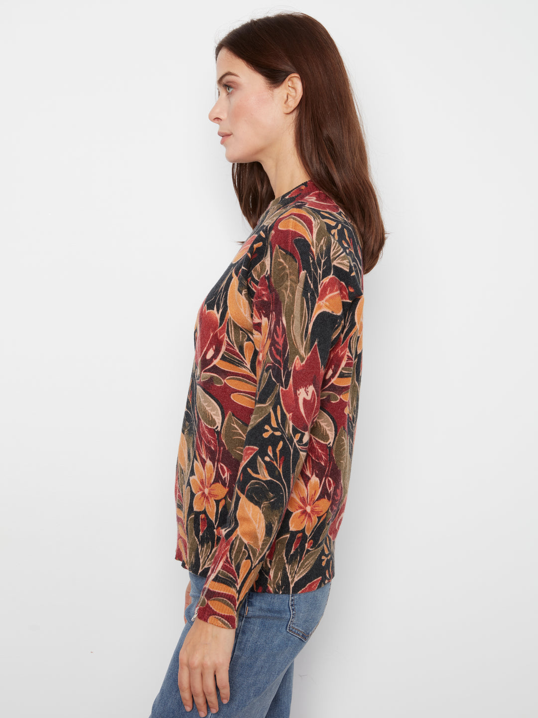 Long Sleeve Drop Shoulder Crew Neck Printed Sweater With Zipper Detail At Sleeve Cuffs