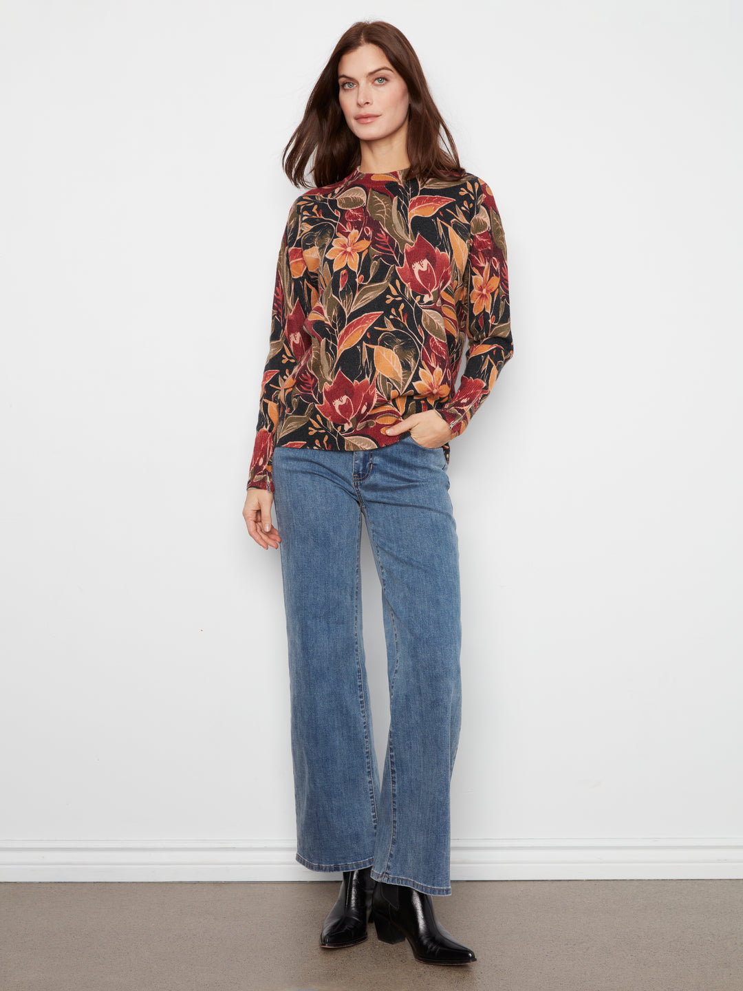 Long Sleeve Drop Shoulder Crew Neck Printed Sweater With Zipper Detail At Sleeve Cuffs