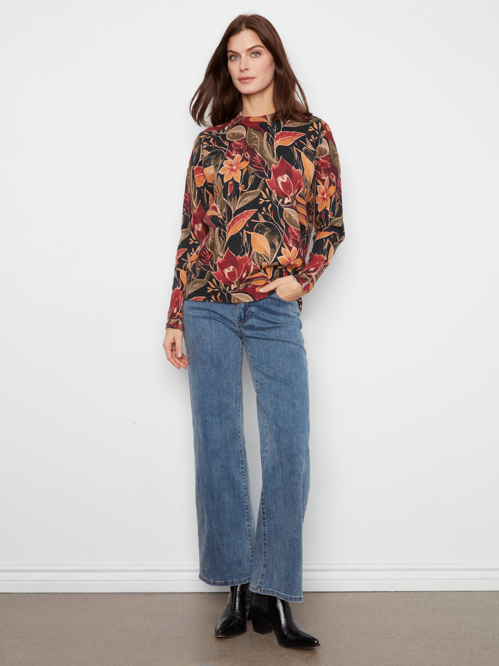 Long Sleeve Drop Shoulder Crew Neck Printed Sweater With Zipper Detail At Sleeve Cuffs