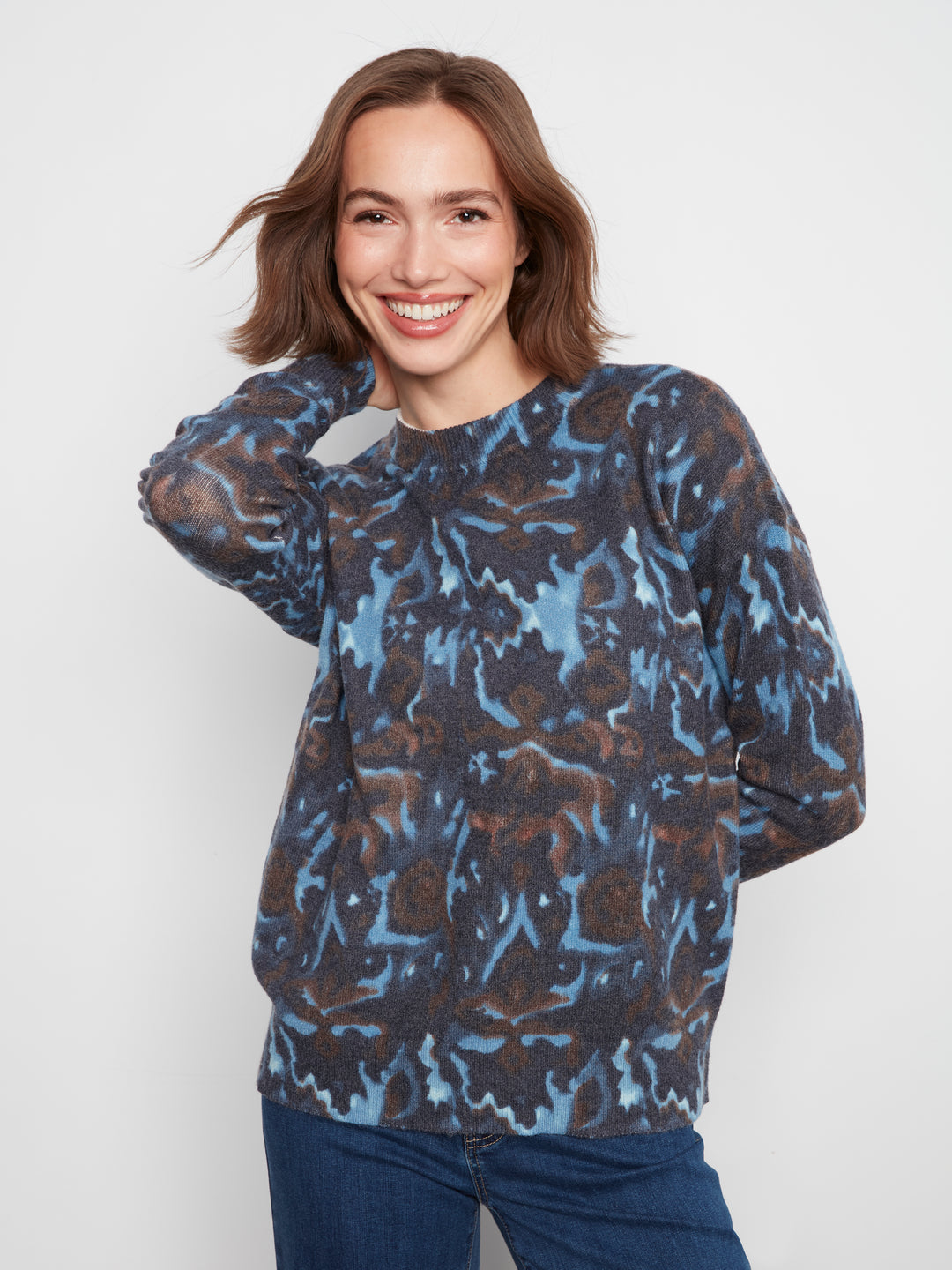 Long Sleeve Drop Shoulder Crew Neck Printed Sweater With Zipper Detail At Sleeve Cuffs