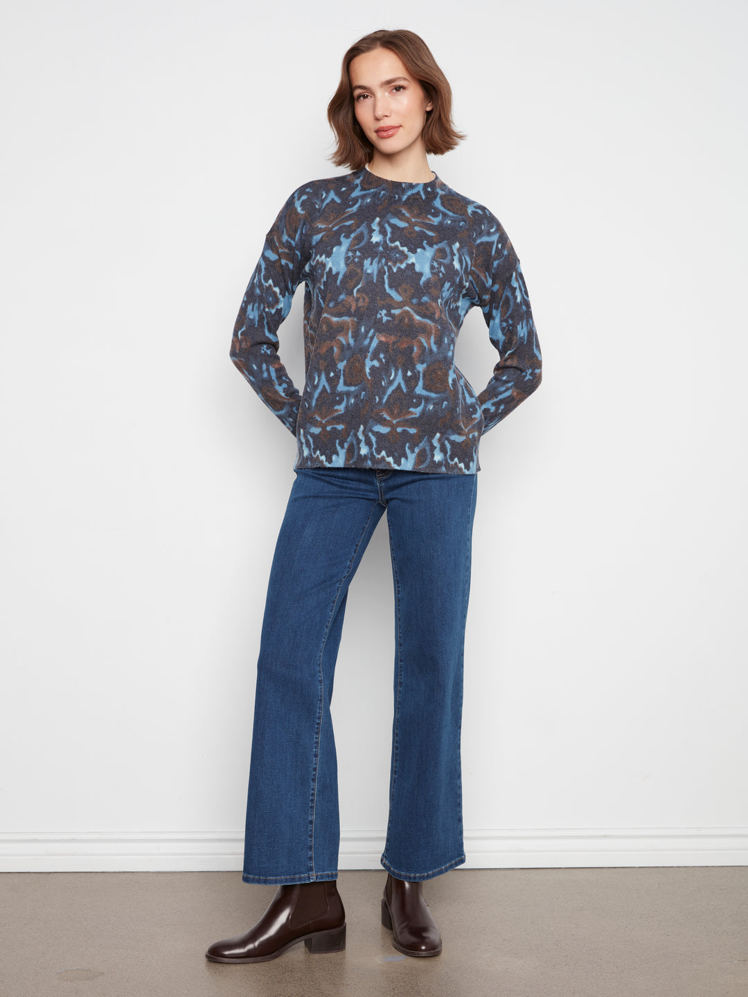 Long Sleeve Drop Shoulder Crew Neck Printed Sweater With Zipper Detail At Sleeve Cuffs