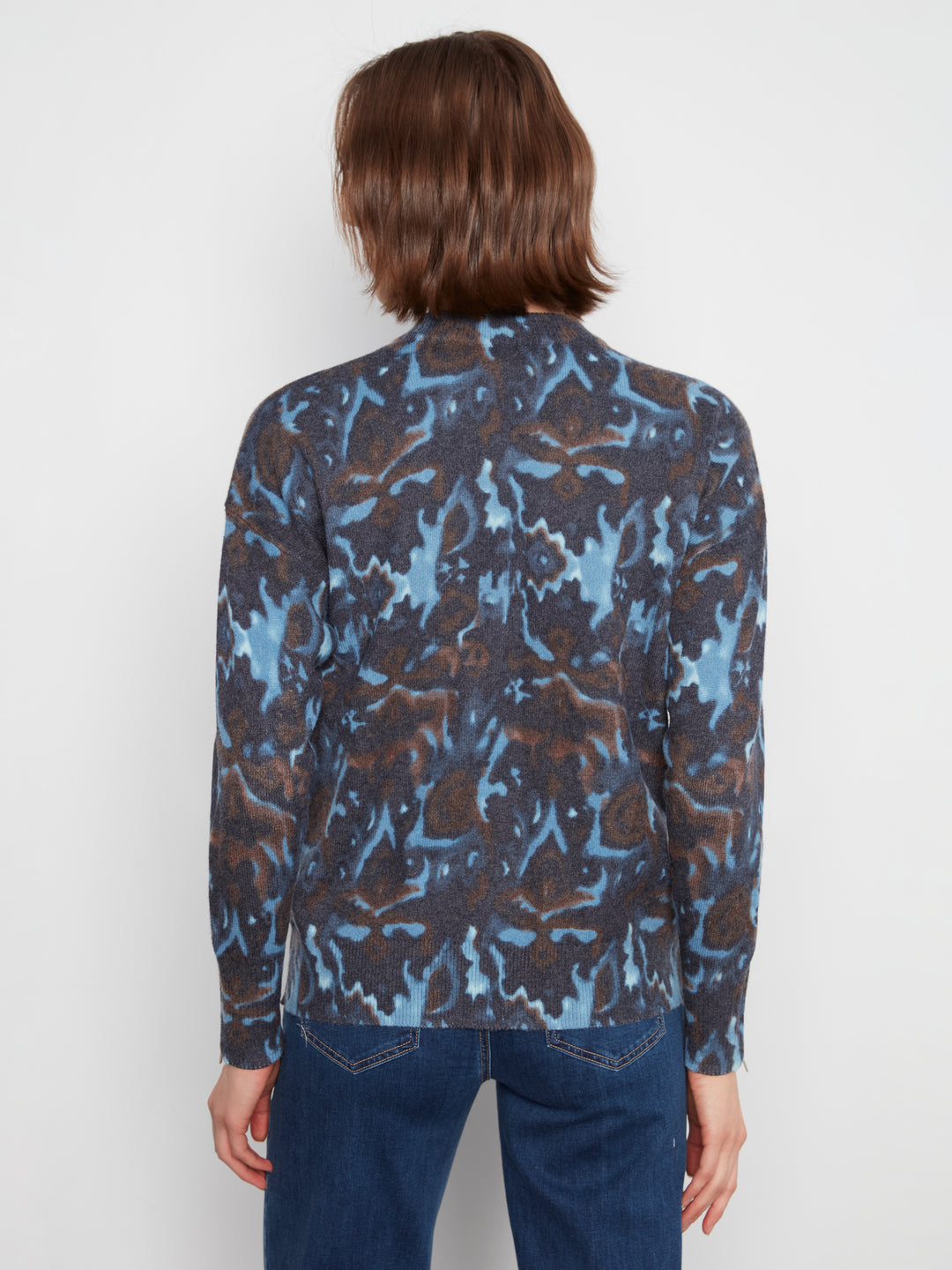 Long Sleeve Drop Shoulder Crew Neck Printed Sweater With Zipper Detail At Sleeve Cuffs