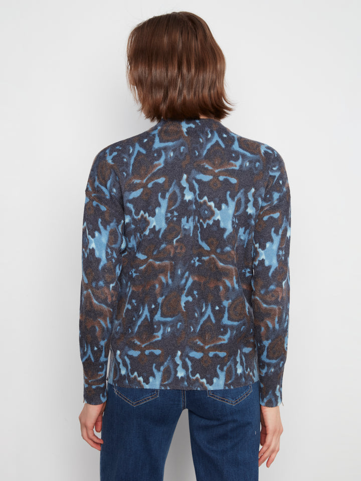 Long Sleeve Drop Shoulder Crew Neck Printed Sweater With Zipper Detail At Sleeve Cuffs