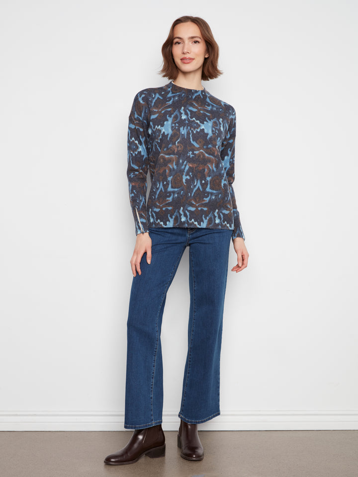 Long Sleeve Drop Shoulder Crew Neck Printed Sweater With Zipper Detail At Sleeve Cuffs