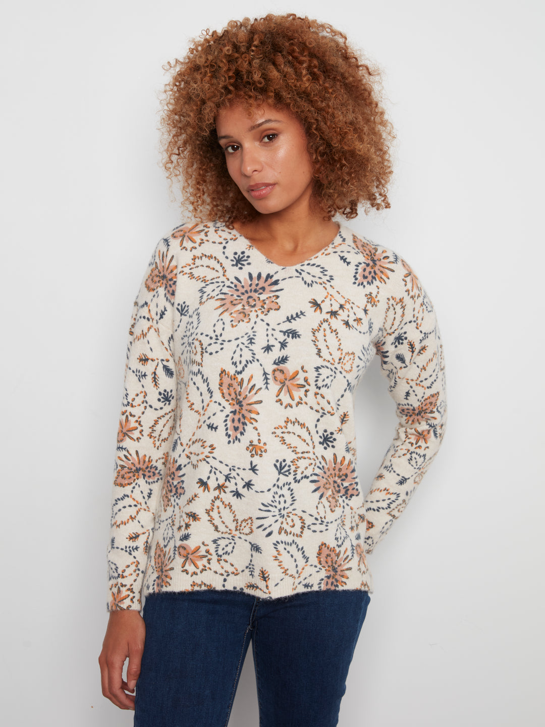 Long Sleeve Drop Shoulder Printed V-Neck Sweater