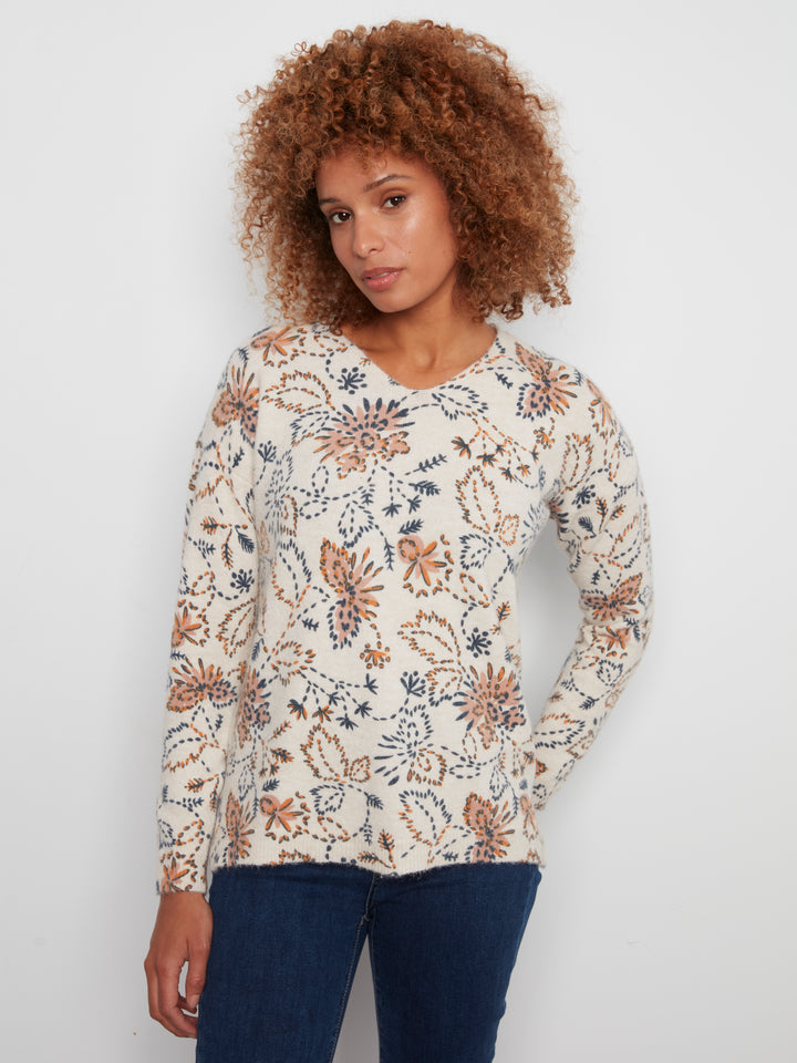 Long Sleeve Drop Shoulder Printed V-Neck Sweater
