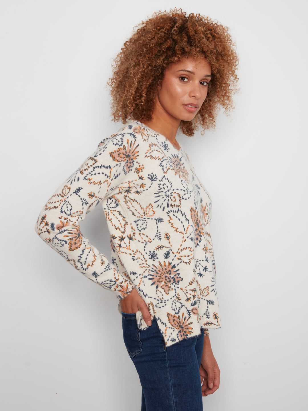 Long Sleeve Drop Shoulder Printed V-Neck Sweater