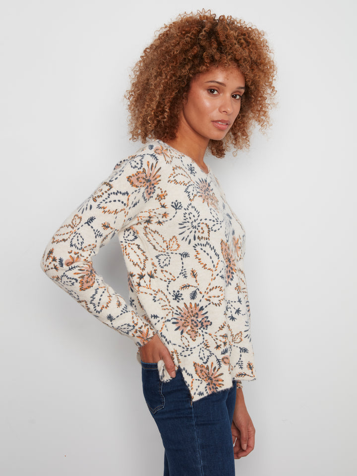 Long Sleeve Drop Shoulder Printed V-Neck Sweater