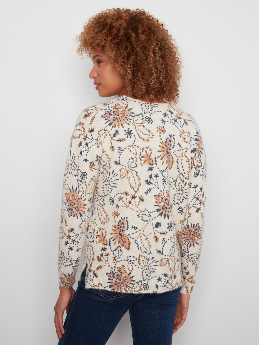 Long Sleeve Drop Shoulder Printed V-Neck Sweater