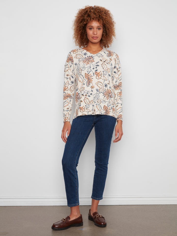 Long Sleeve Drop Shoulder Printed V-Neck Sweater