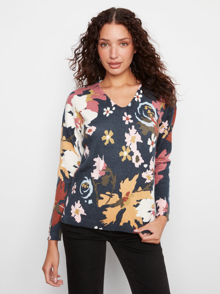 Long Sleeve Drop Shoulder Printed V-Neck Sweater