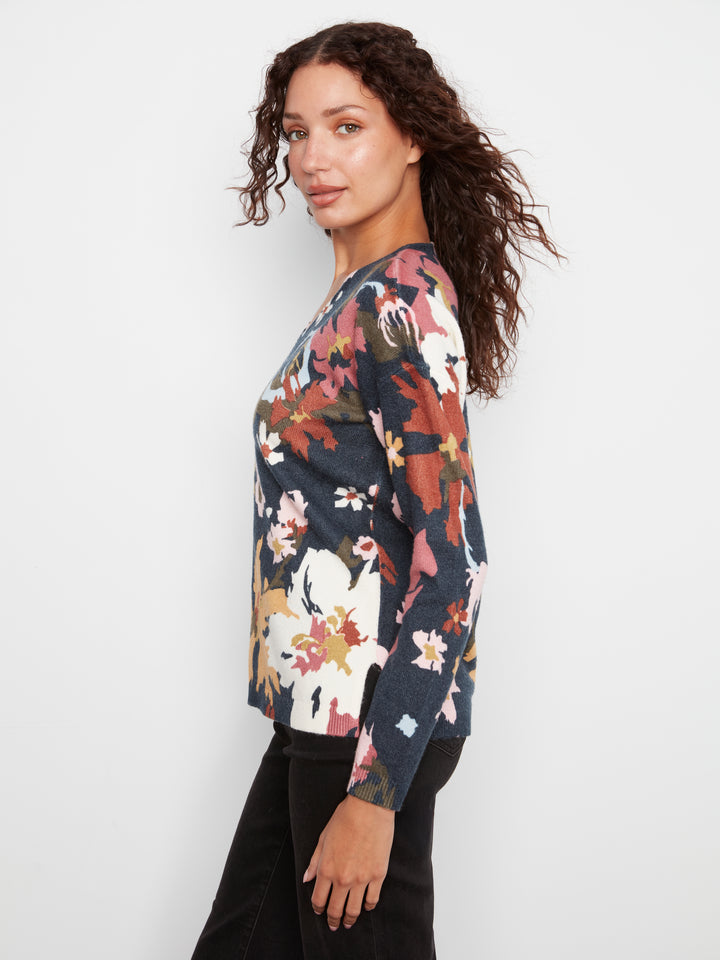 Long Sleeve Drop Shoulder Printed V-Neck Sweater