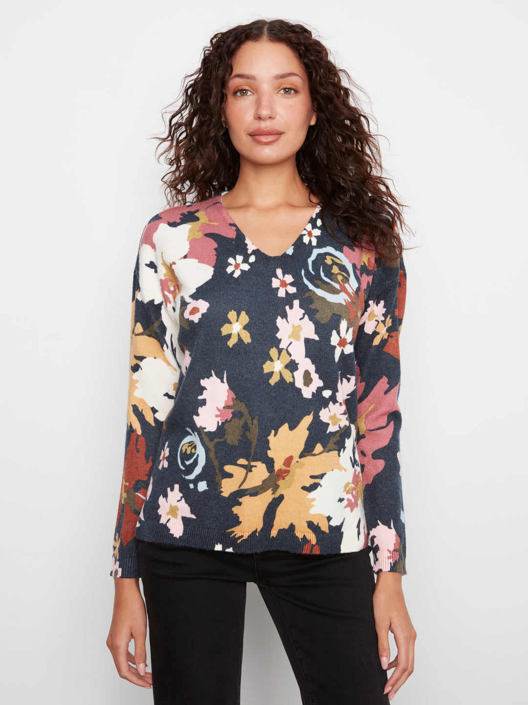 Long Sleeve Drop Shoulder Printed V-Neck Sweater