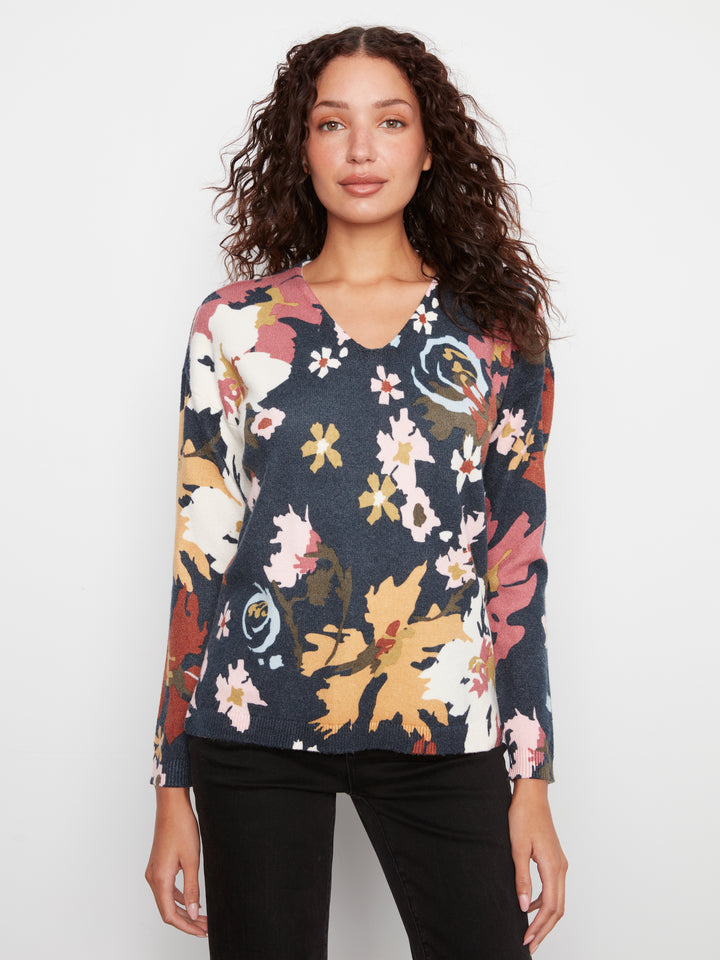 Long Sleeve Drop Shoulder Printed V-Neck Sweater