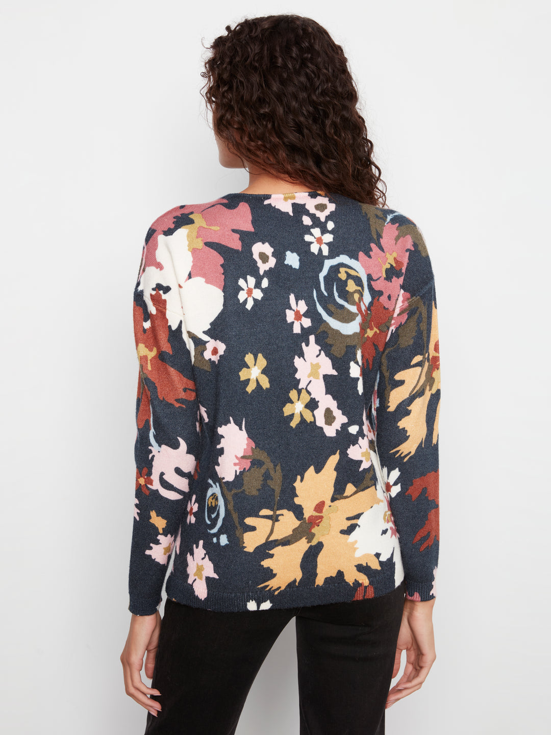 Long Sleeve Drop Shoulder Printed V-Neck Sweater