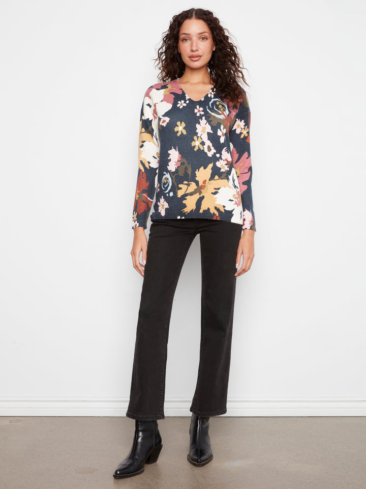 Long Sleeve Drop Shoulder Printed V-Neck Sweater