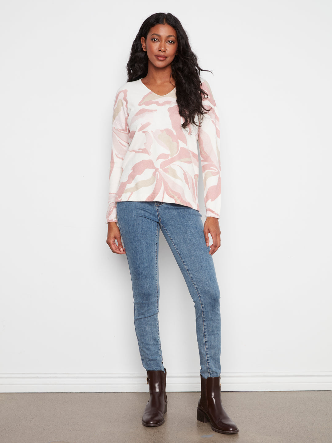 Long Sleeve Drop Shoulder Printed V-Neck Sweater