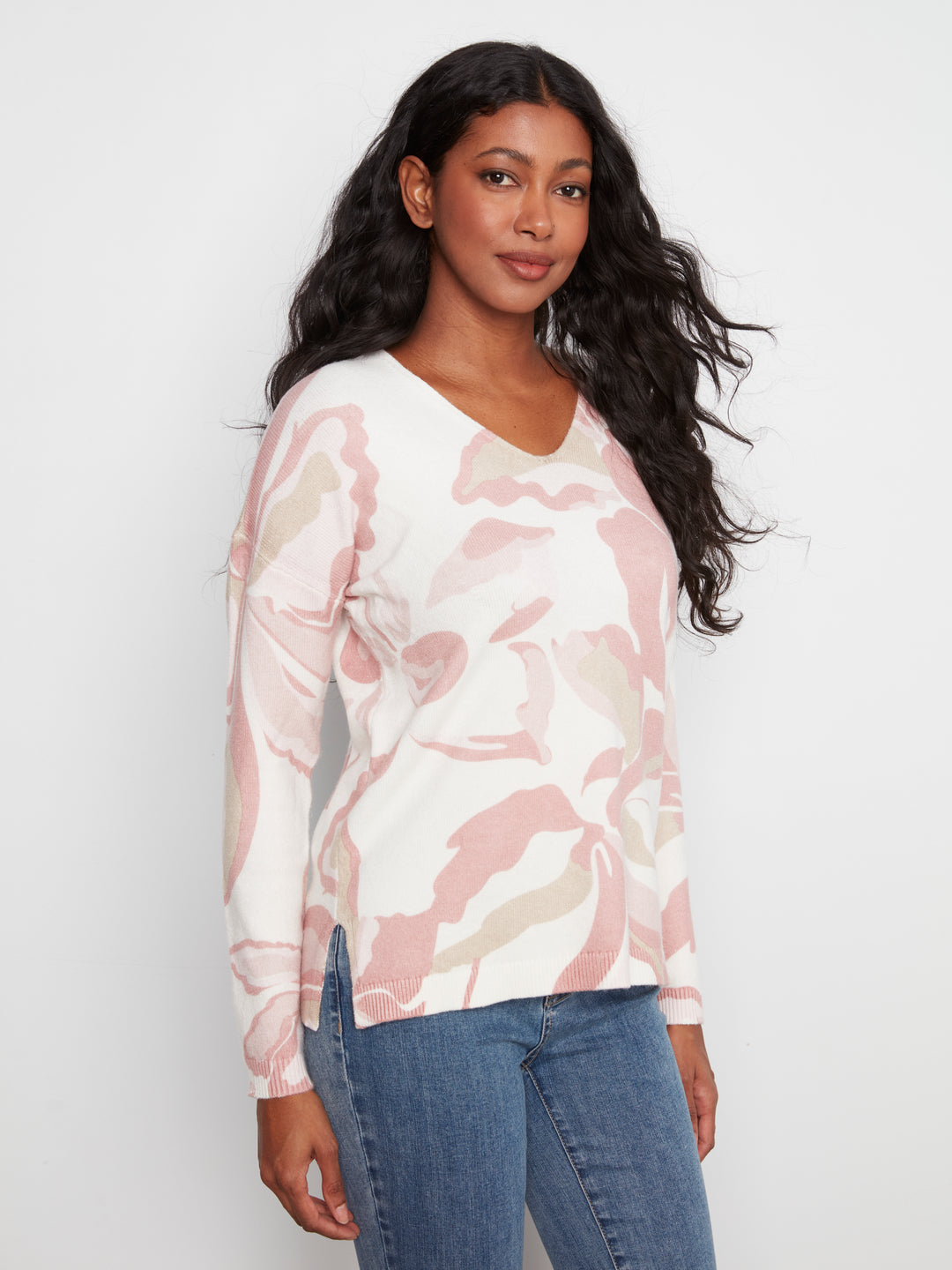 Long Sleeve Drop Shoulder Printed V-Neck Sweater