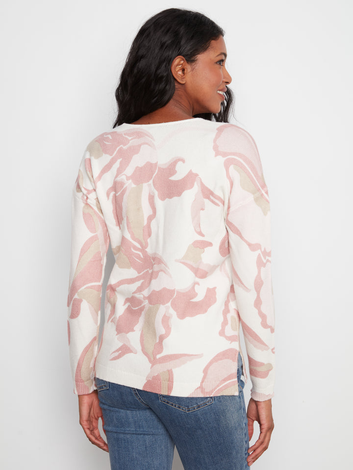 Long Sleeve Drop Shoulder Printed V-Neck Sweater