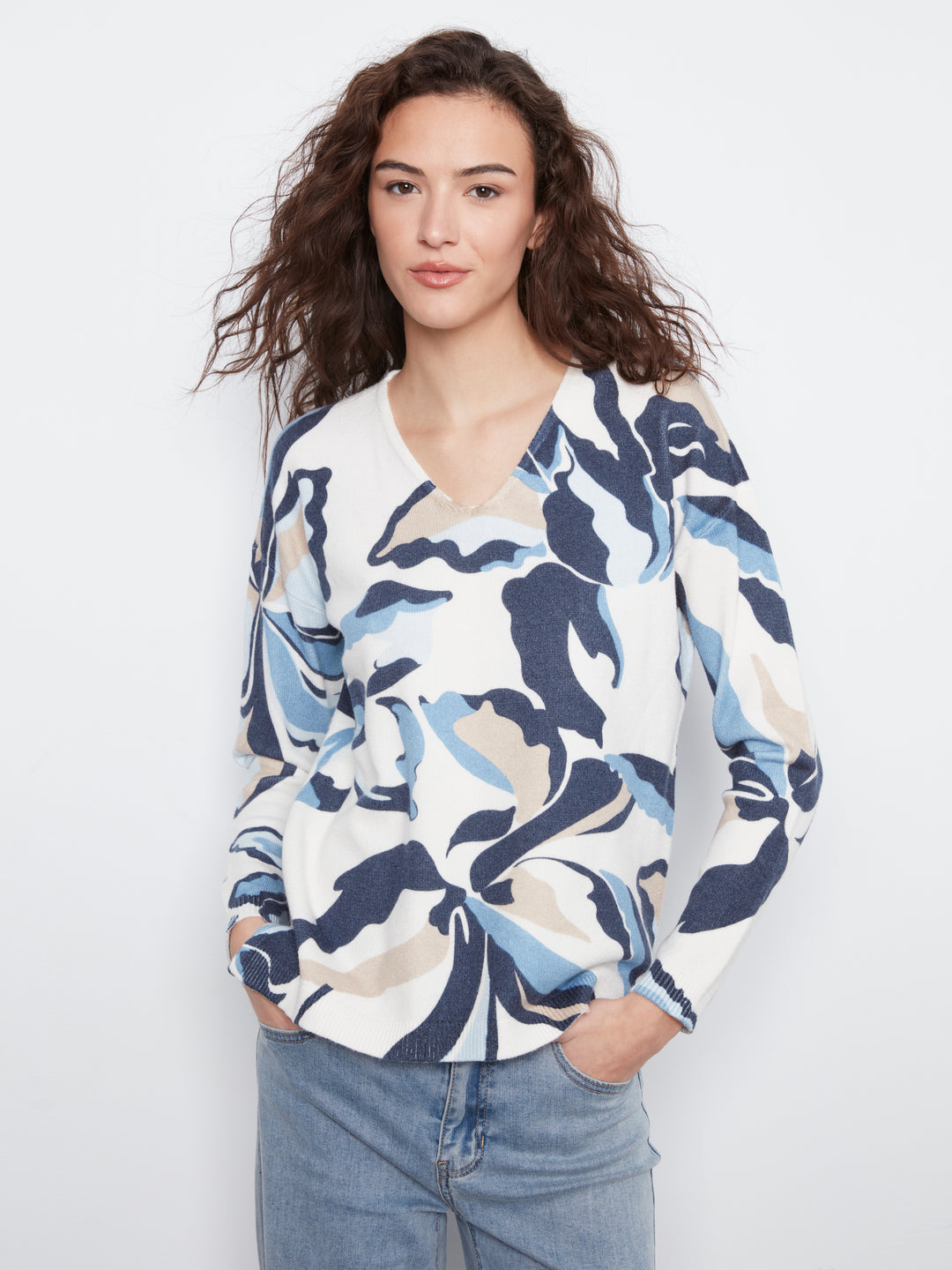 Long Sleeve Drop Shoulder Printed V-Neck Sweater
