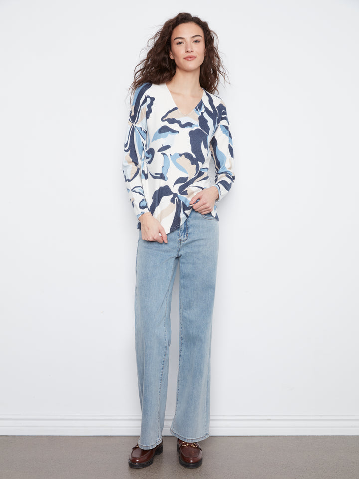 Long Sleeve Drop Shoulder Printed V-Neck Sweater