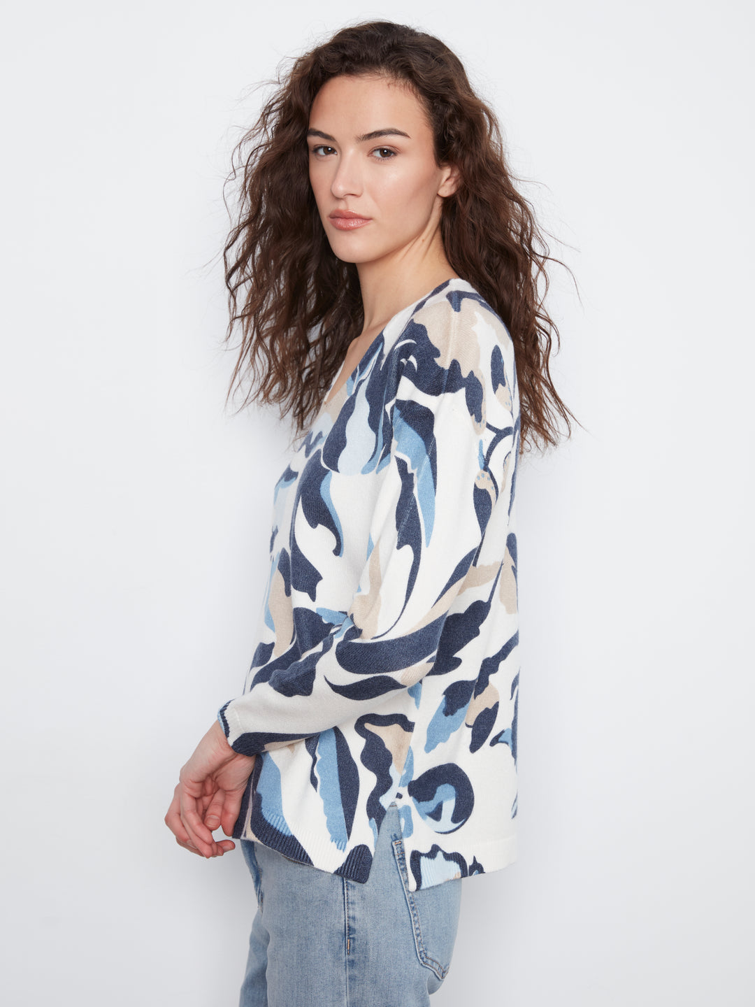Long Sleeve Drop Shoulder Printed V-Neck Sweater
