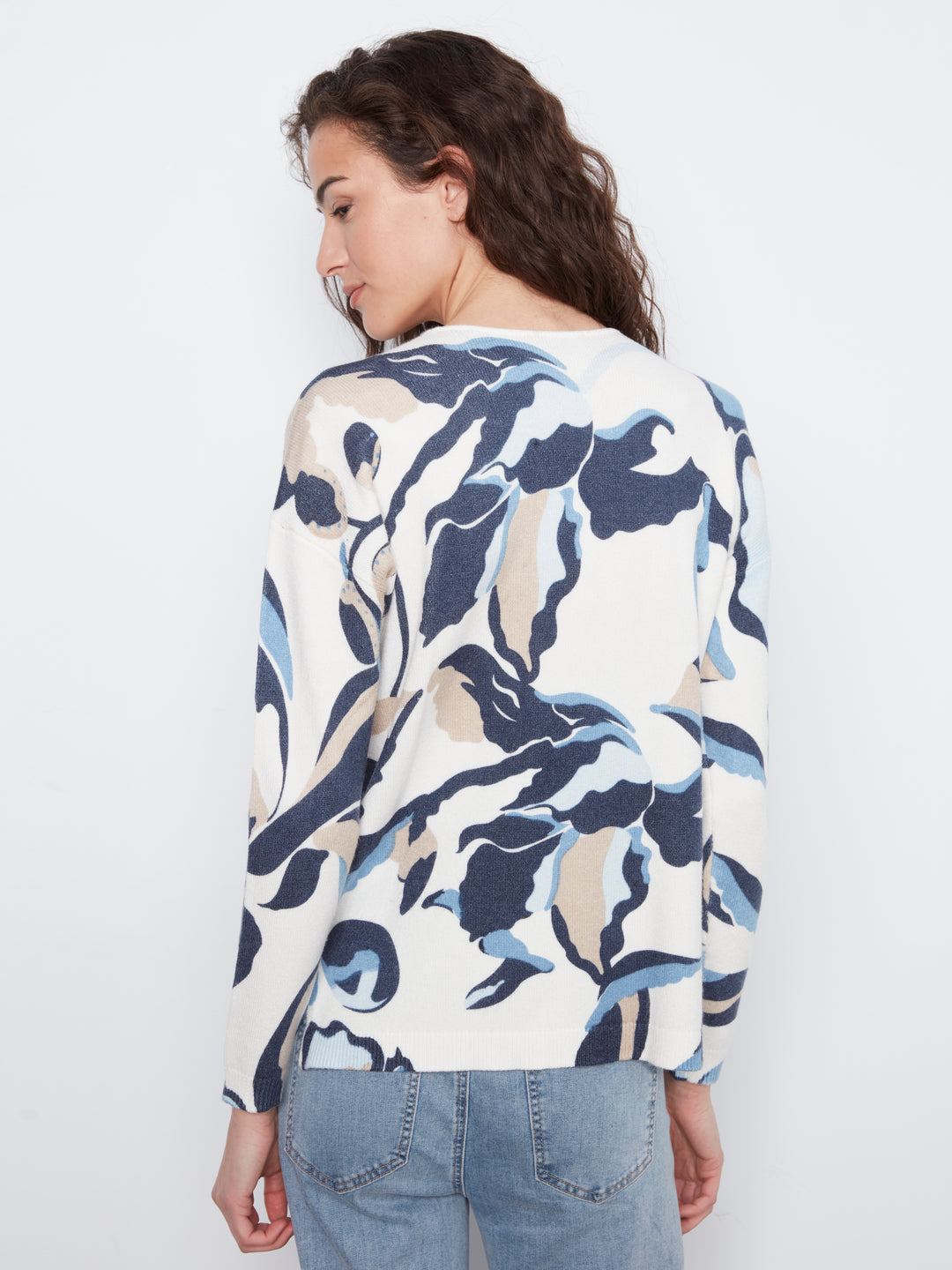 Long Sleeve Drop Shoulder Printed V-Neck Sweater