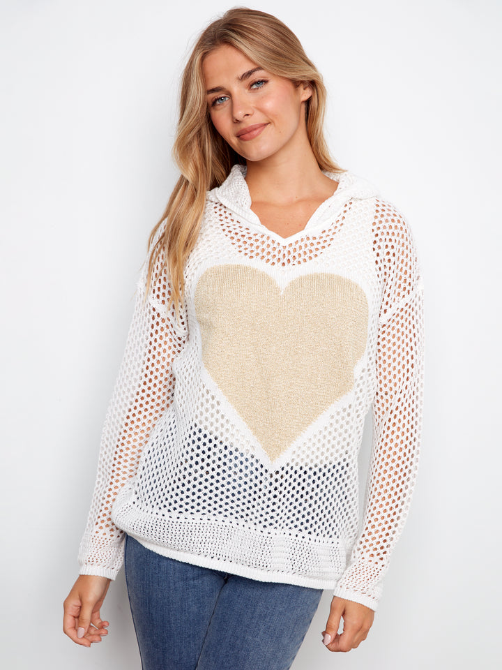 Long Sleeve Fishnet Hoodie Sweater With Lurex Heart