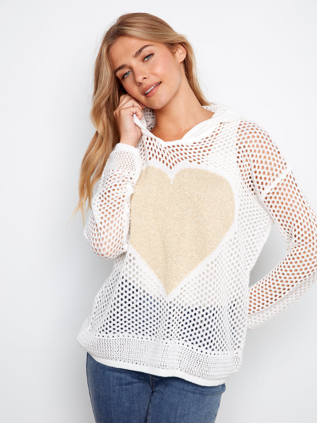 Long Sleeve Fishnet Hoodie Sweater With Lurex Heart