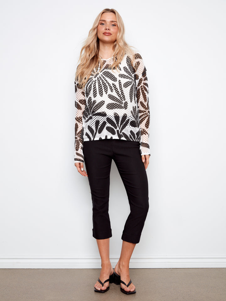 Printed Long Sleeve Fishnet Crochet Hoodie Sweater