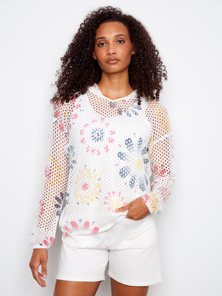 Printed Long Sleeve Fishnet Crochet Hoodie Sweater