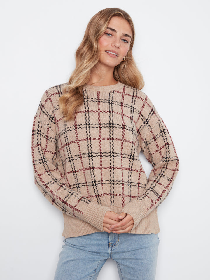 Long Sleeve Drop Shoulder Crew Neck Jacquard Sweater With Side Buttons Detail