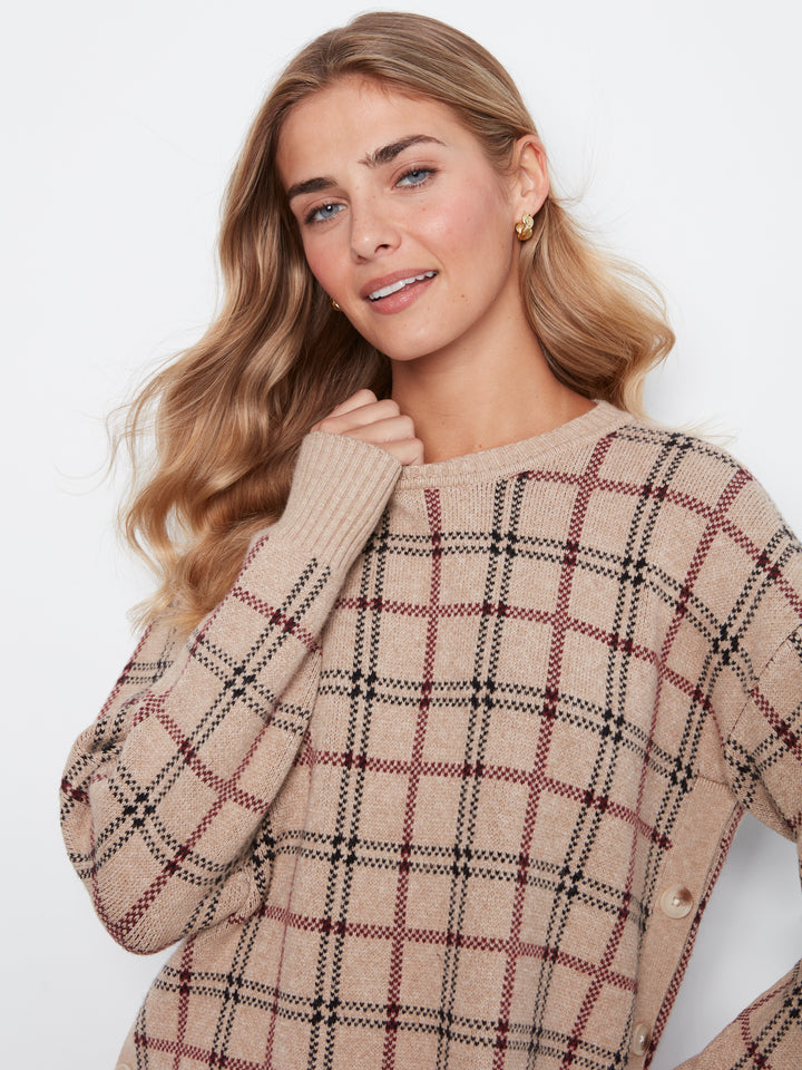Long Sleeve Drop Shoulder Crew Neck Jacquard Sweater With Side Buttons Detail