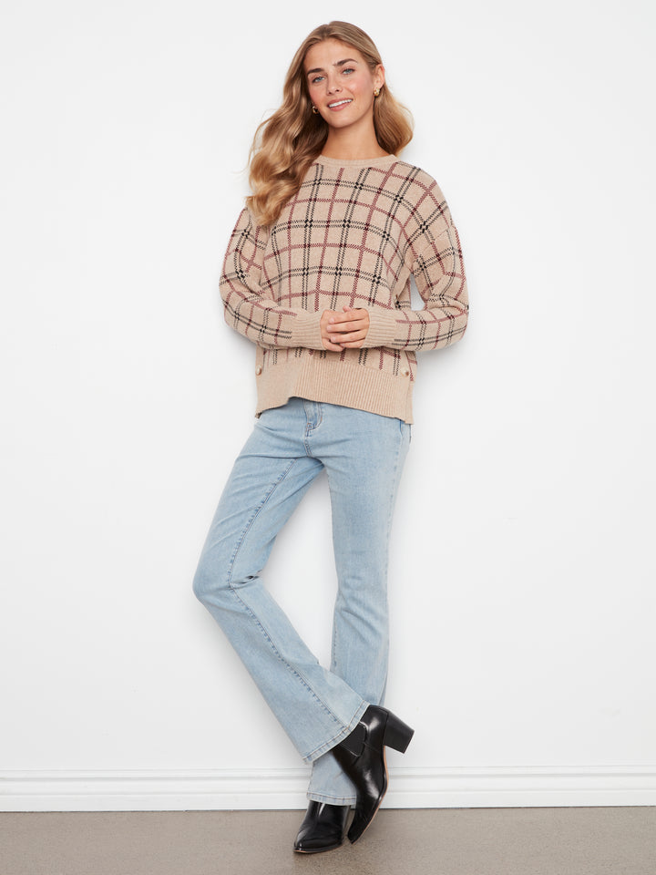 Long Sleeve Drop Shoulder Crew Neck Jacquard Sweater With Side Buttons Detail