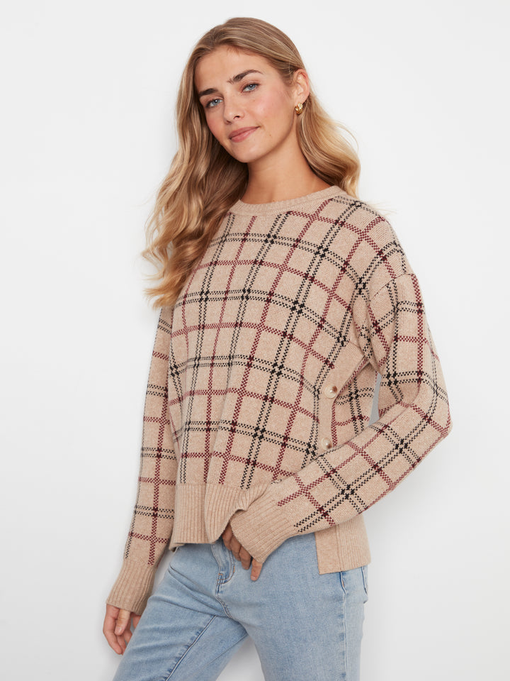 Long Sleeve Drop Shoulder Crew Neck Jacquard Sweater With Side Buttons Detail