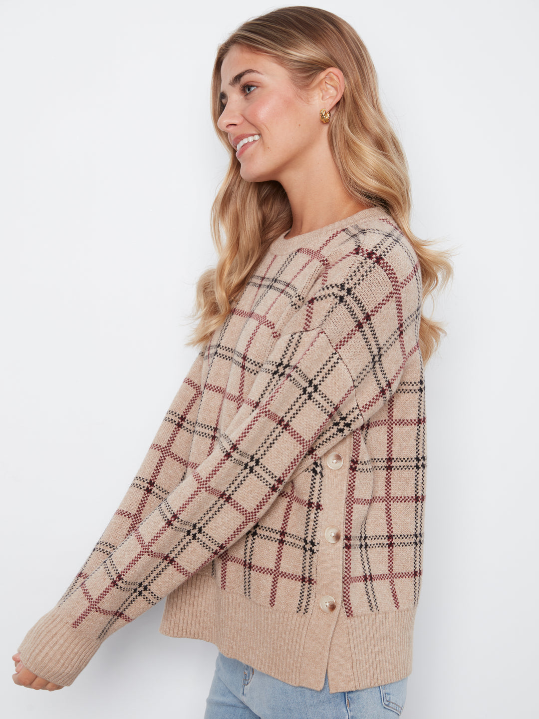 Long Sleeve Drop Shoulder Crew Neck Jacquard Sweater With Side Buttons Detail