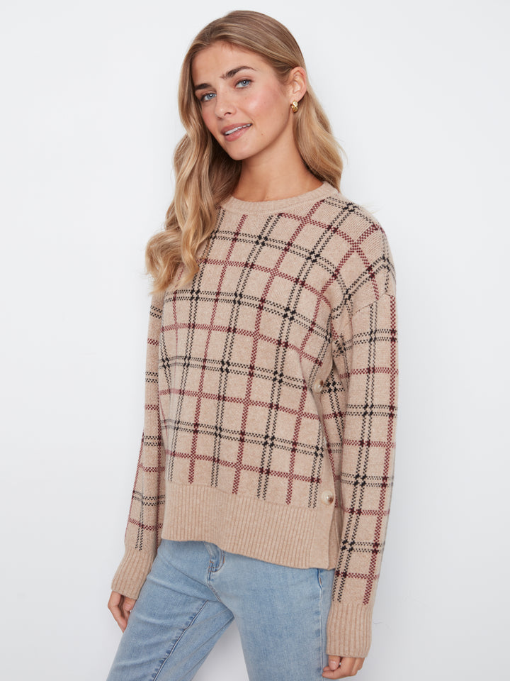 Long Sleeve Drop Shoulder Crew Neck Jacquard Sweater With Side Buttons Detail