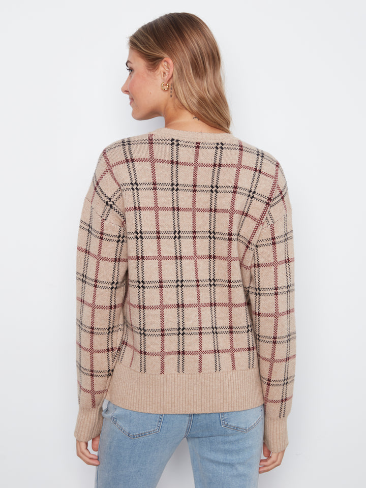 Long Sleeve Drop Shoulder Crew Neck Jacquard Sweater With Side Buttons Detail