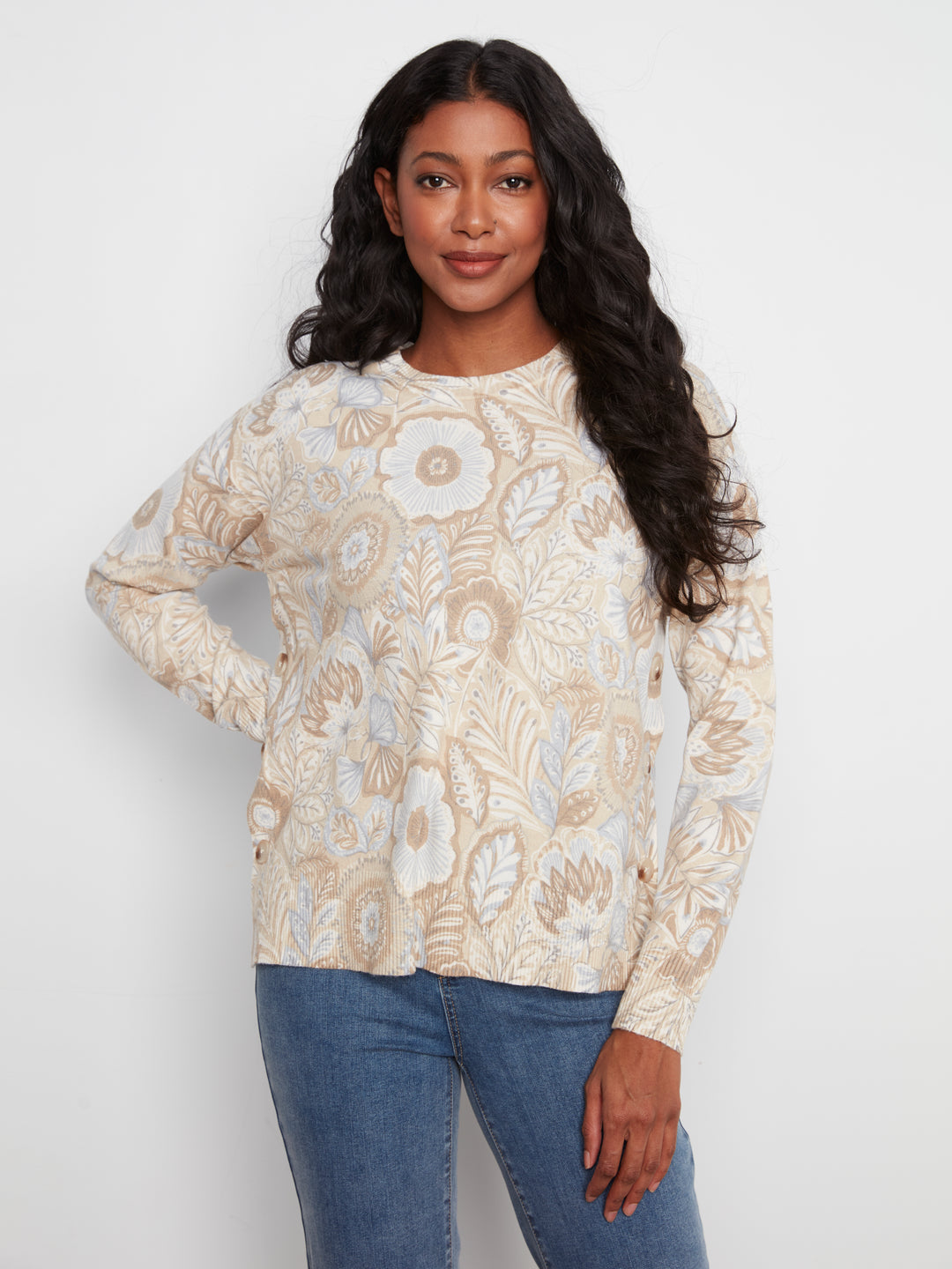 Long Sleeve Drop Shoulder Crew Neck Printed Sweater With Side Buttons Detail