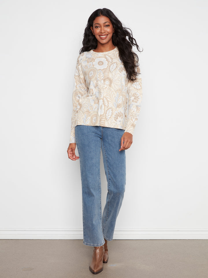 Long Sleeve Drop Shoulder Crew Neck Printed Sweater With Side Buttons Detail