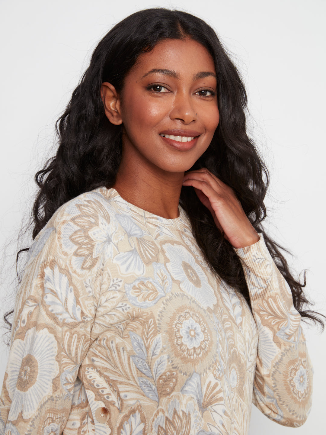 Long Sleeve Drop Shoulder Crew Neck Printed Sweater With Side Buttons Detail